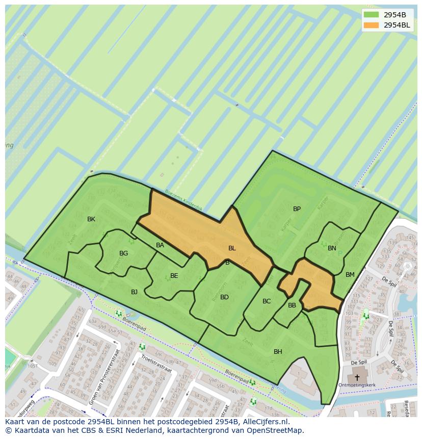 Afbeelding van het postcodegebied 2954 BL op de kaart.