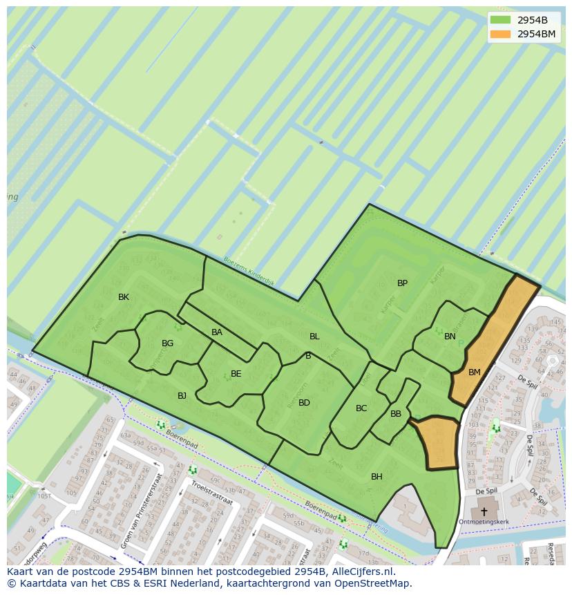 Afbeelding van het postcodegebied 2954 BM op de kaart.