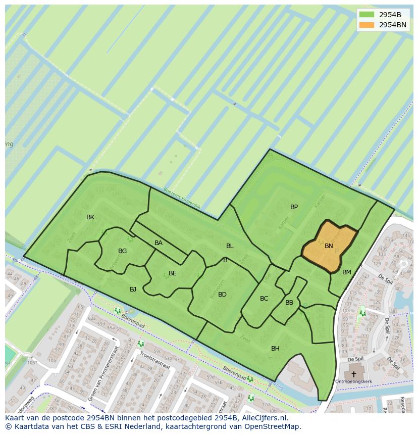 Afbeelding van het postcodegebied 2954 BN op de kaart.