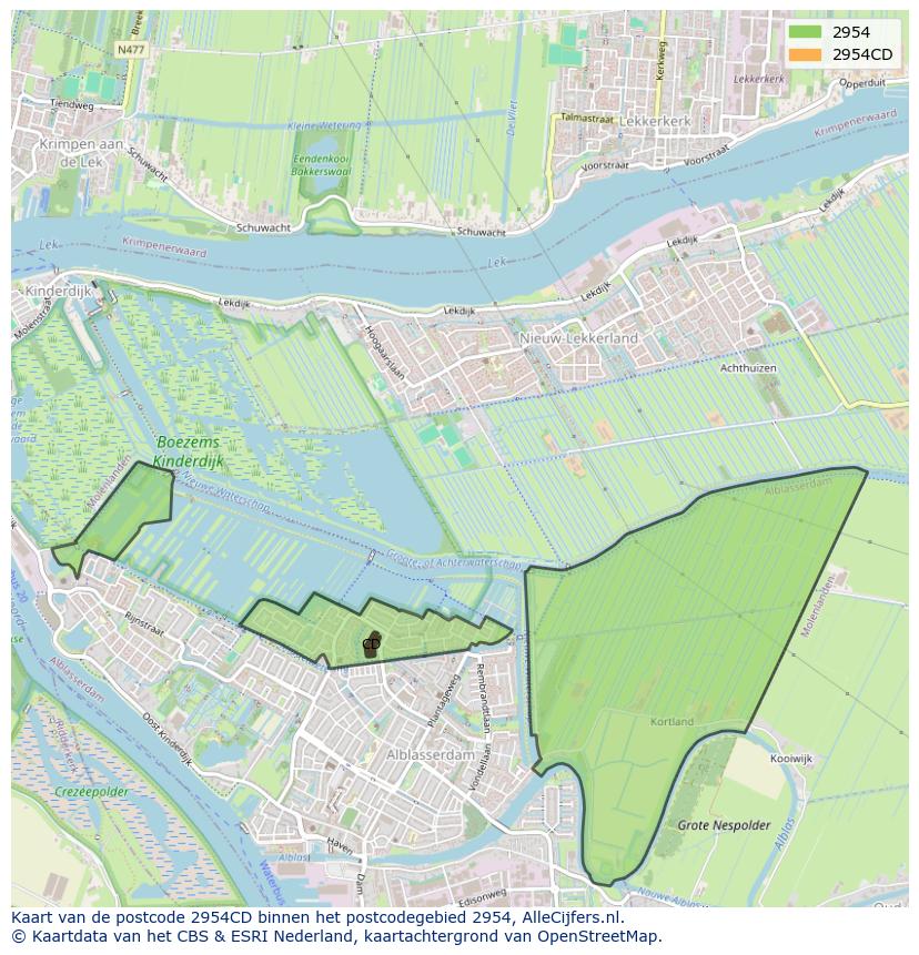 Afbeelding van het postcodegebied 2954 CD op de kaart.