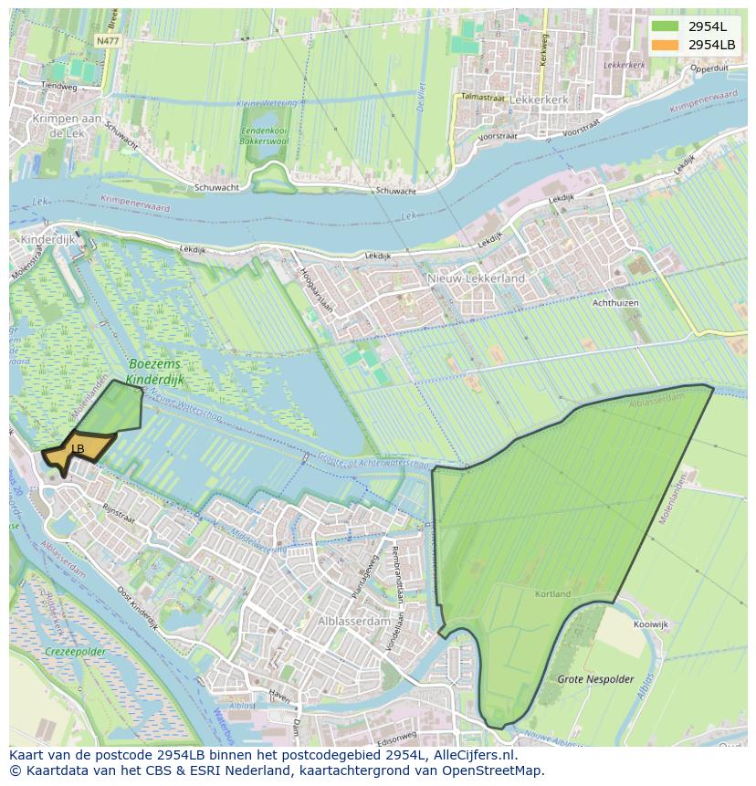 Afbeelding van het postcodegebied 2954 LB op de kaart.