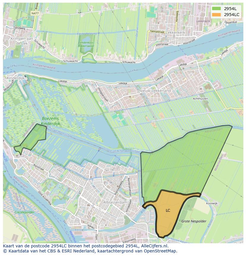 Afbeelding van het postcodegebied 2954 LC op de kaart.