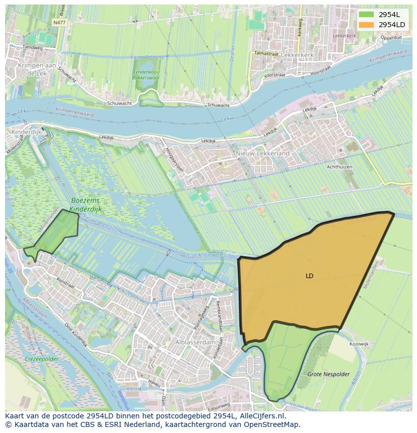 Afbeelding van het postcodegebied 2954 LD op de kaart.