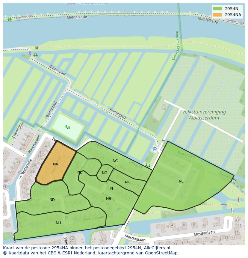 Afbeelding van het postcodegebied 2954 NA op de kaart.
