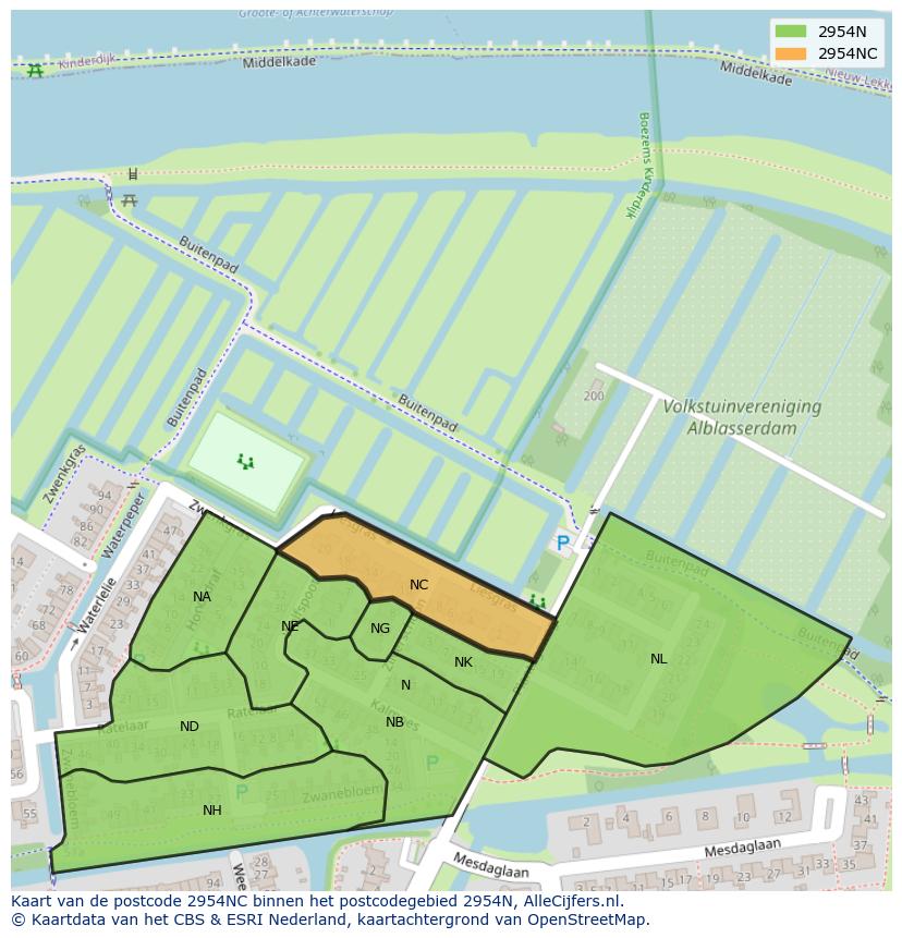 Afbeelding van het postcodegebied 2954 NC op de kaart.