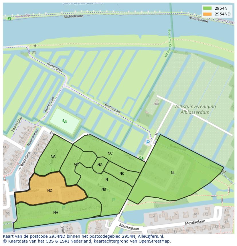 Afbeelding van het postcodegebied 2954 ND op de kaart.