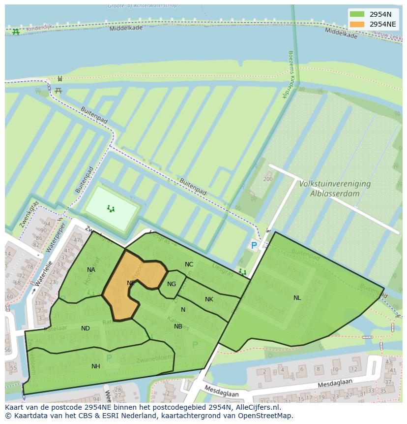 Afbeelding van het postcodegebied 2954 NE op de kaart.
