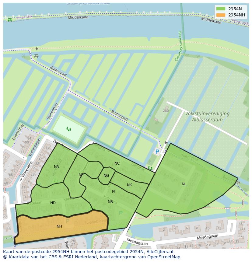 Afbeelding van het postcodegebied 2954 NH op de kaart.
