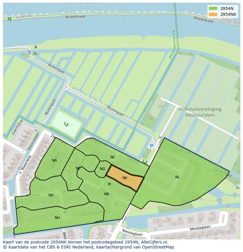 Afbeelding van het postcodegebied 2954 NK op de kaart.
