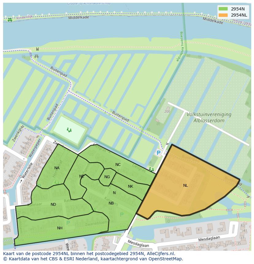 Afbeelding van het postcodegebied 2954 NL op de kaart.