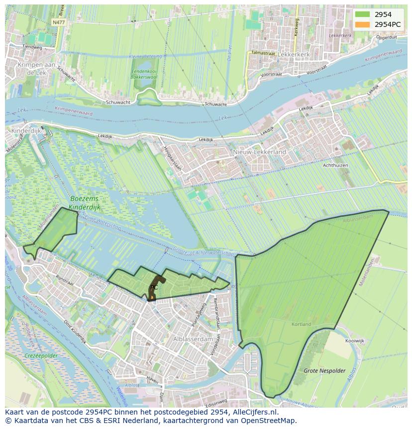 Afbeelding van het postcodegebied 2954 PC op de kaart.