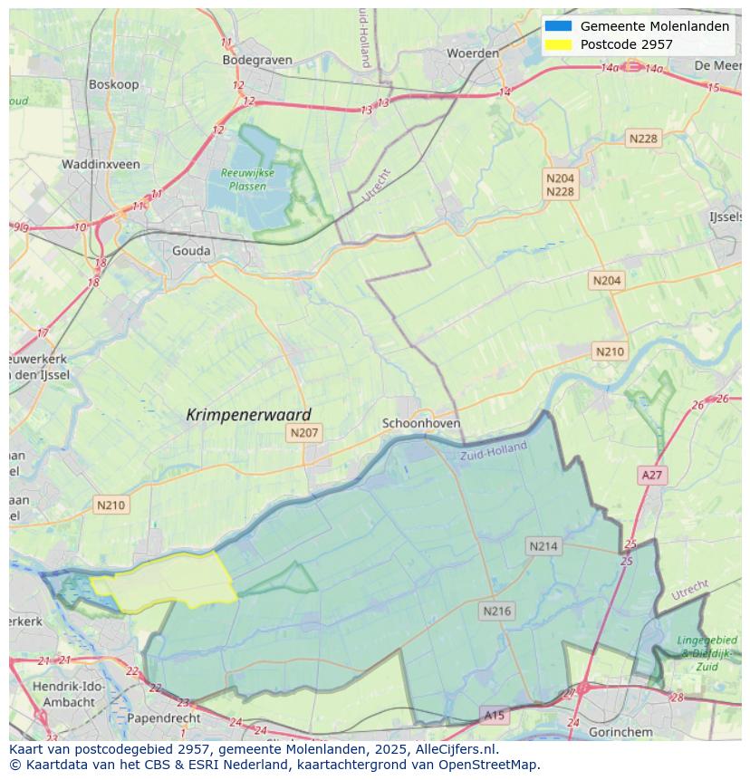 Afbeelding van het postcodegebied 2957 op de kaart.