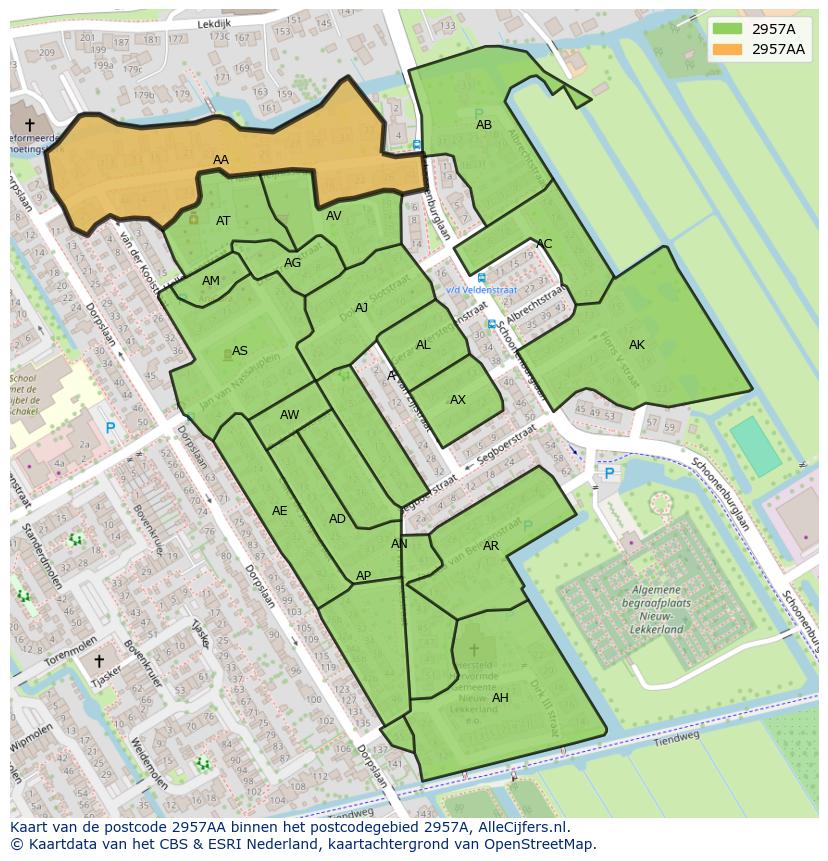 Afbeelding van het postcodegebied 2957 AA op de kaart.