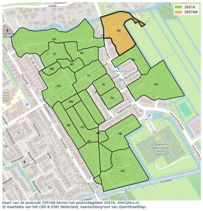 Afbeelding van het postcodegebied 2957 AB op de kaart.