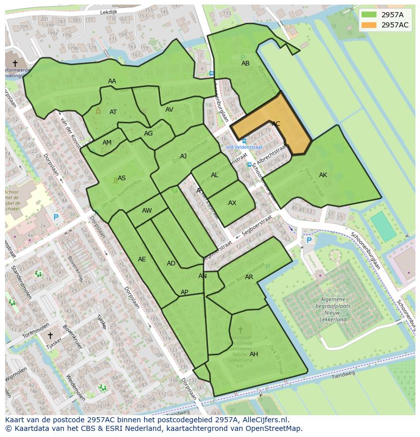 Afbeelding van het postcodegebied 2957 AC op de kaart.