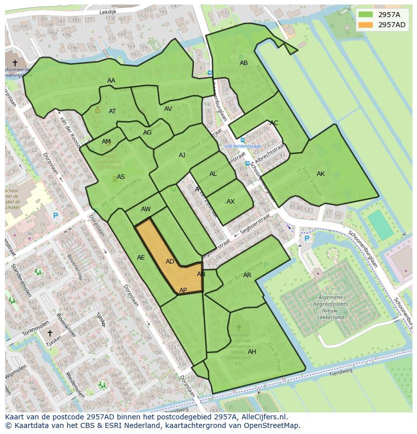 Afbeelding van het postcodegebied 2957 AD op de kaart.