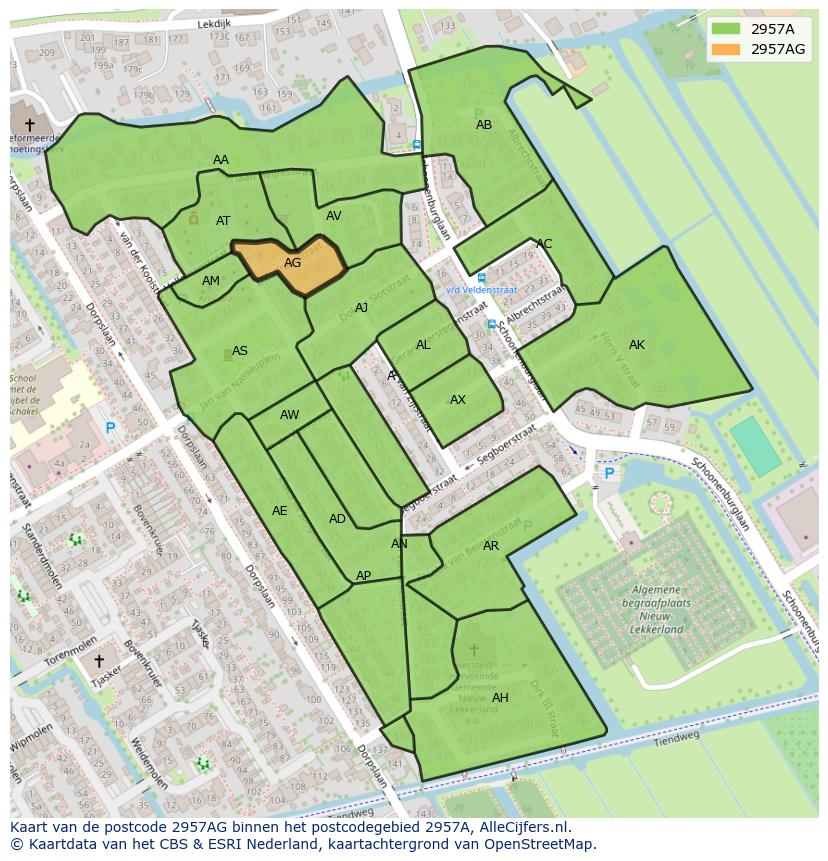 Afbeelding van het postcodegebied 2957 AG op de kaart.