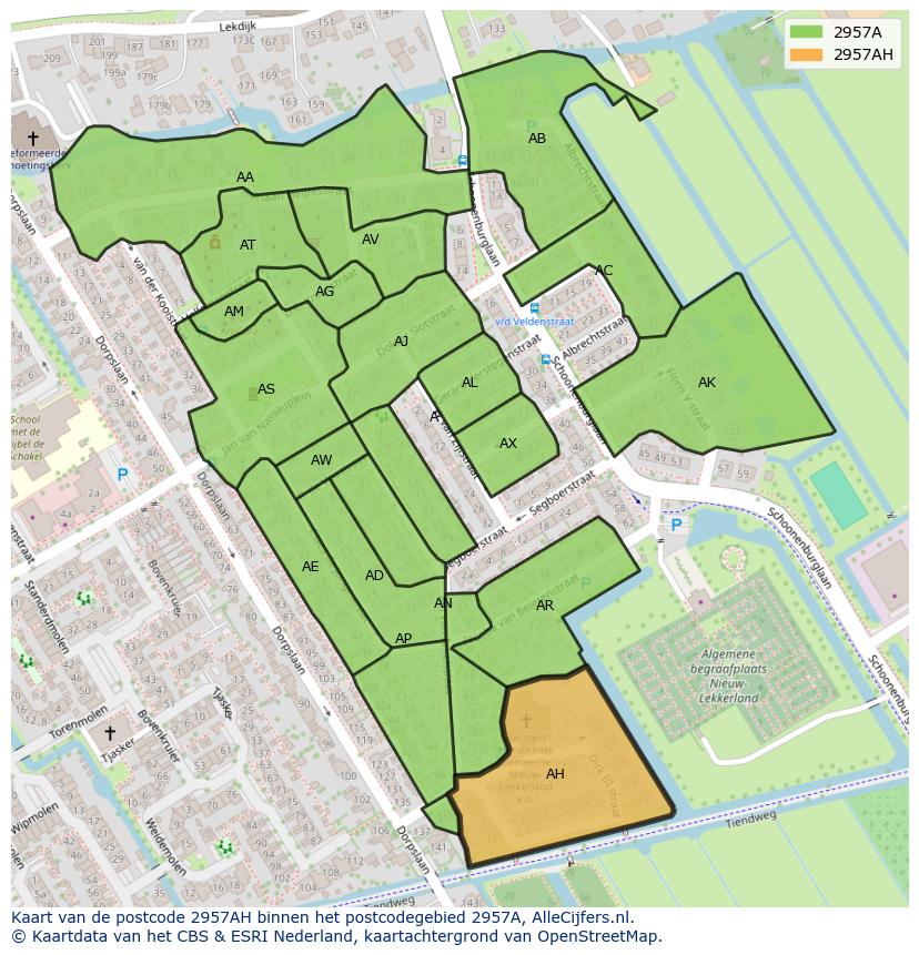 Afbeelding van het postcodegebied 2957 AH op de kaart.