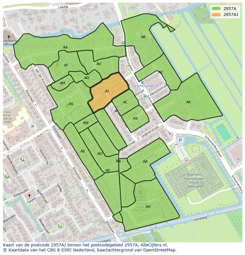 Afbeelding van het postcodegebied 2957 AJ op de kaart.