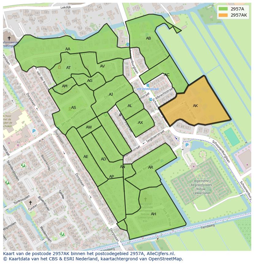 Afbeelding van het postcodegebied 2957 AK op de kaart.