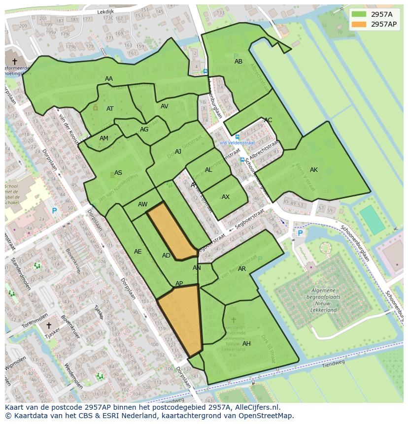 Afbeelding van het postcodegebied 2957 AP op de kaart.