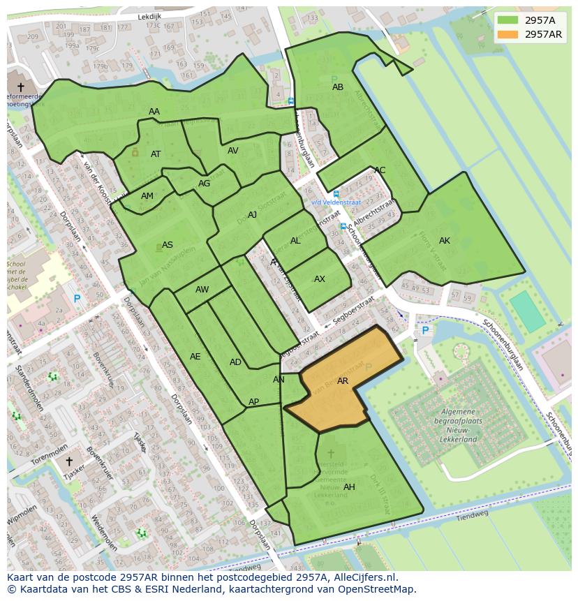 Afbeelding van het postcodegebied 2957 AR op de kaart.