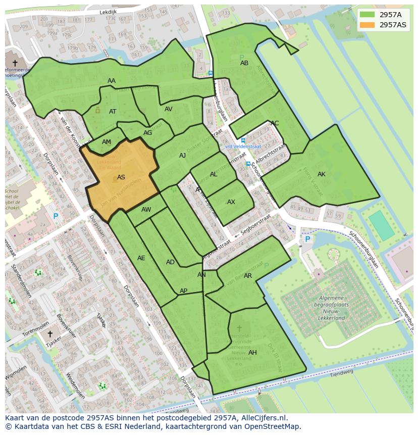 Afbeelding van het postcodegebied 2957 AS op de kaart.
