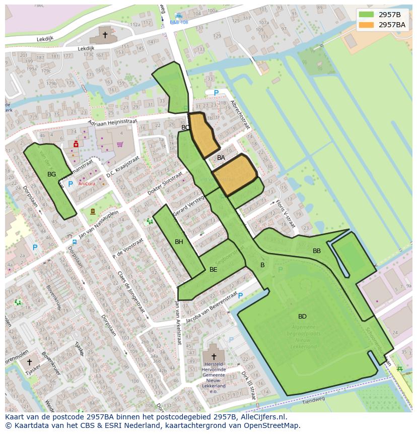 Afbeelding van het postcodegebied 2957 BA op de kaart.