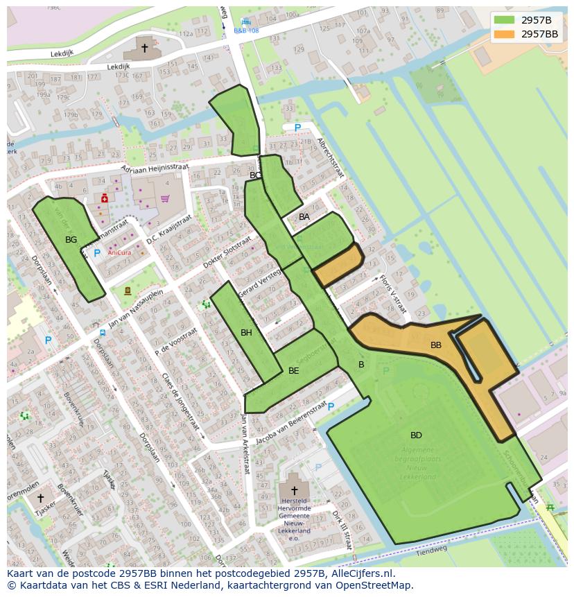 Afbeelding van het postcodegebied 2957 BB op de kaart.
