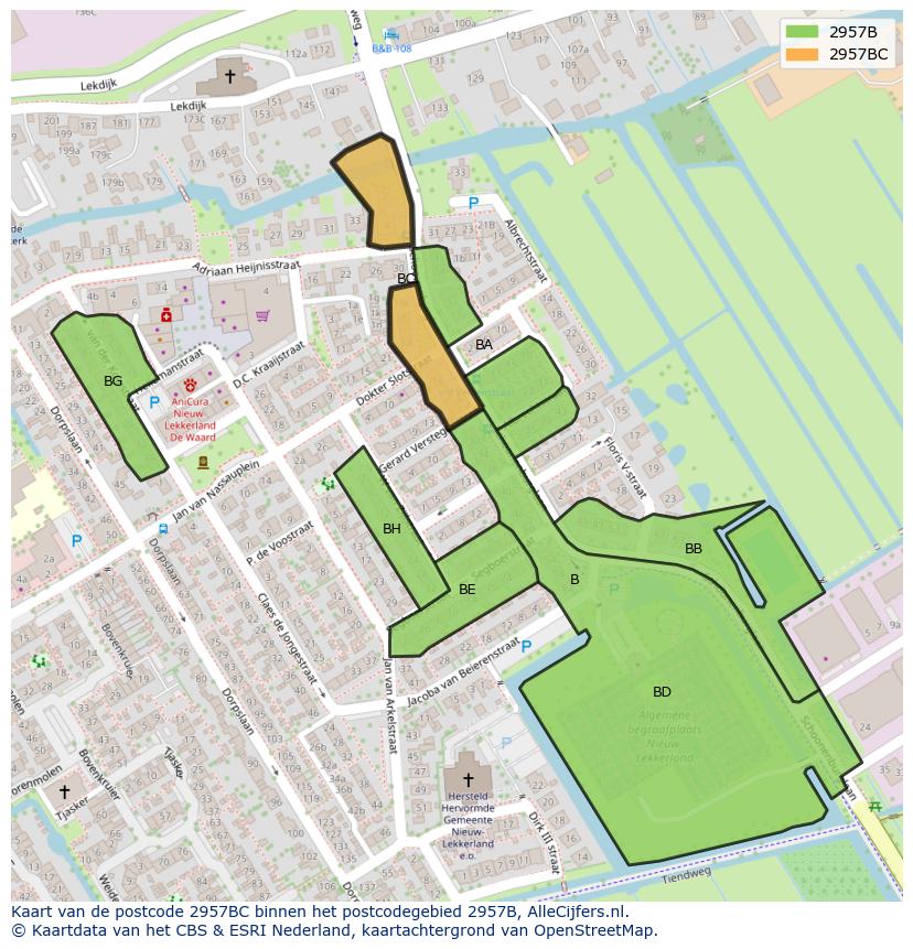 Afbeelding van het postcodegebied 2957 BC op de kaart.