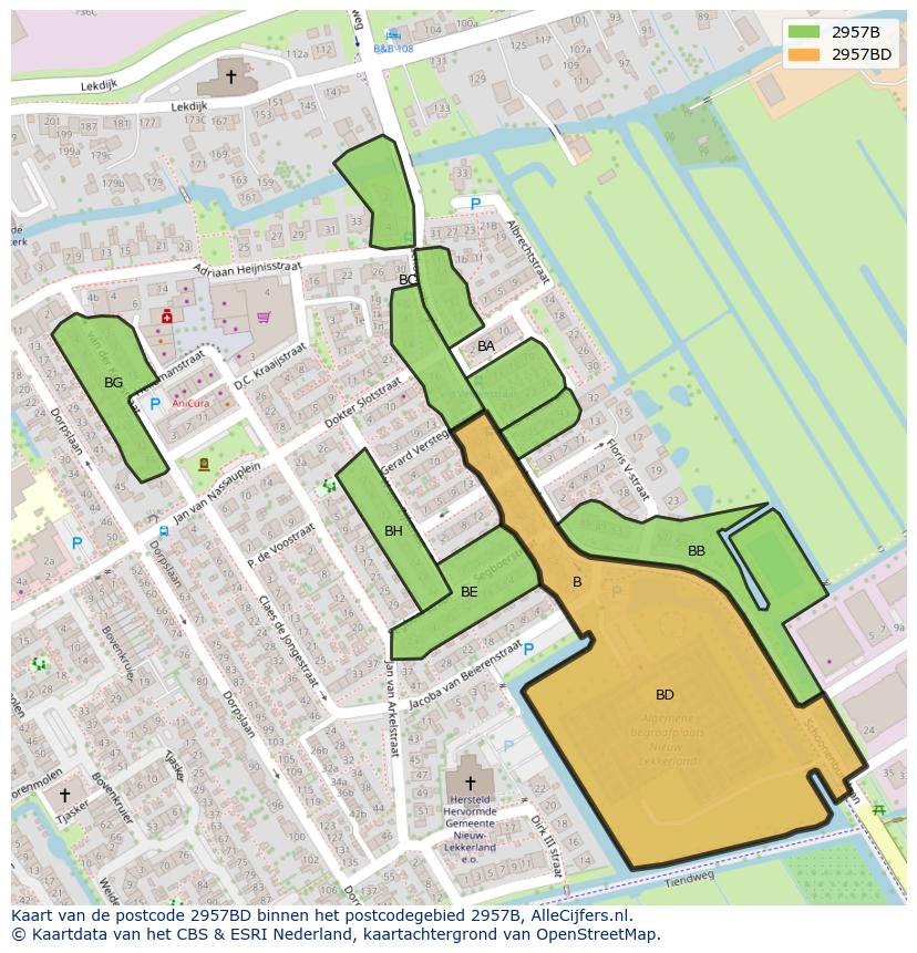 Afbeelding van het postcodegebied 2957 BD op de kaart.