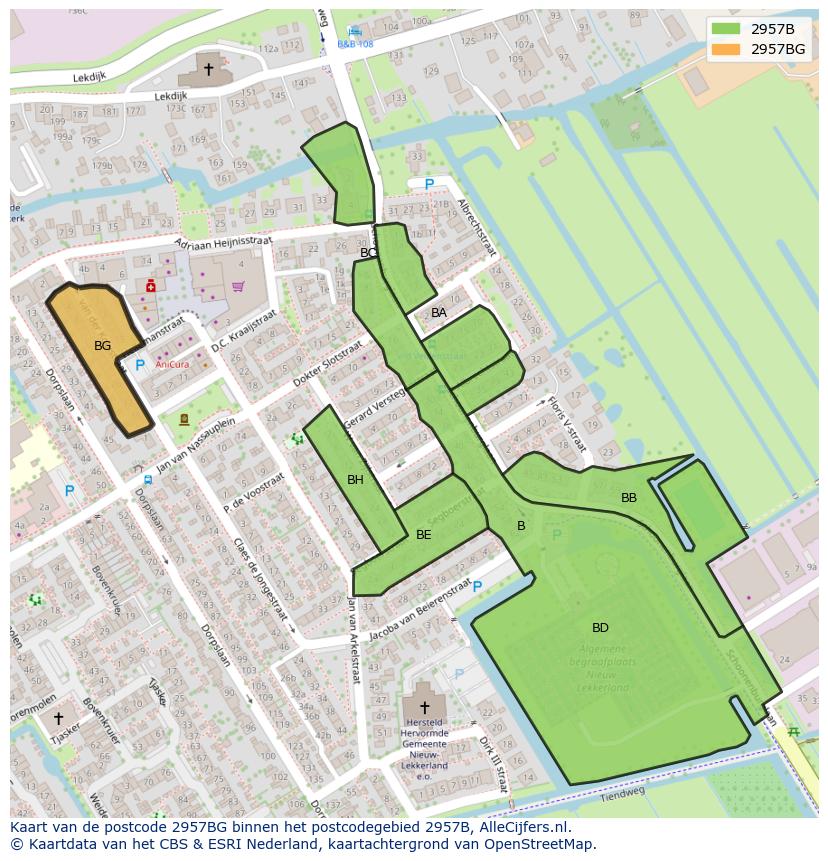Afbeelding van het postcodegebied 2957 BG op de kaart.