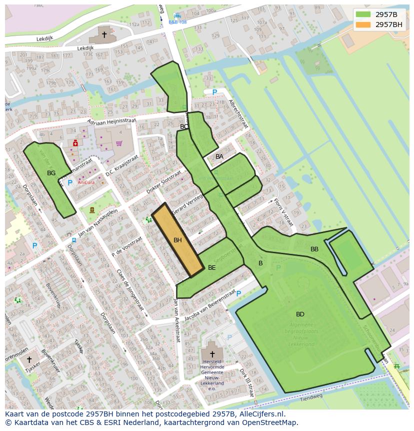 Afbeelding van het postcodegebied 2957 BH op de kaart.