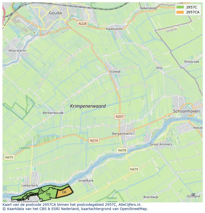 Afbeelding van het postcodegebied 2957 CA op de kaart.