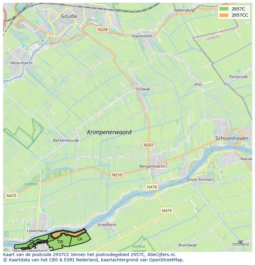 Afbeelding van het postcodegebied 2957 CC op de kaart.
