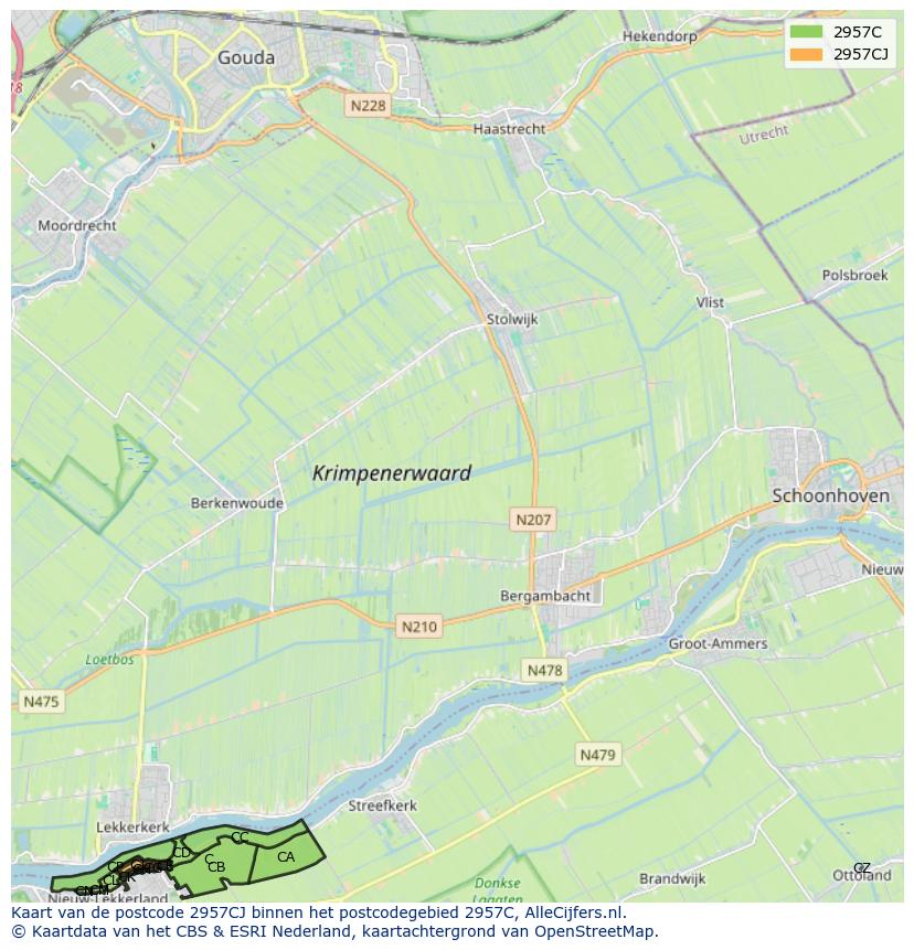 Afbeelding van het postcodegebied 2957 CJ op de kaart.