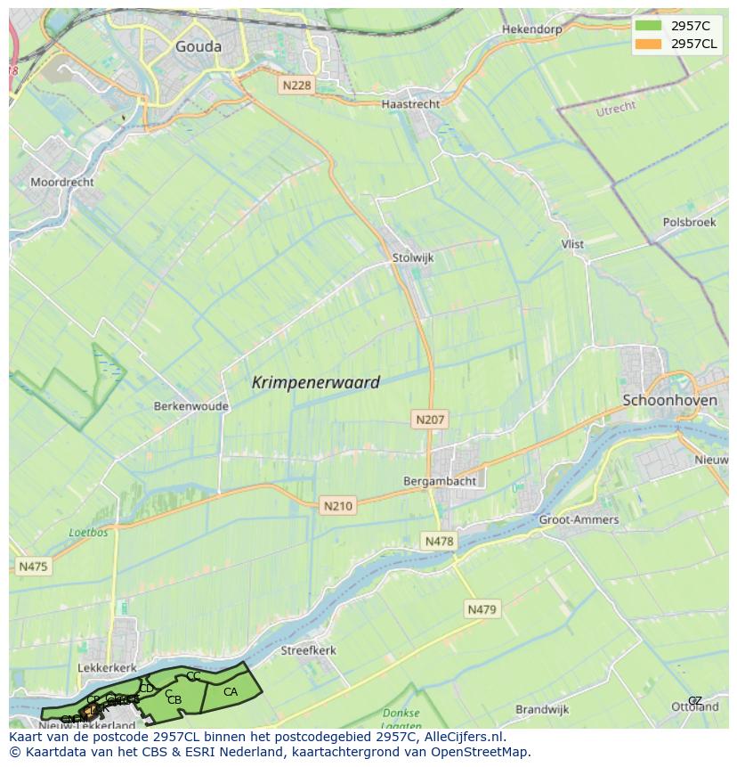 Afbeelding van het postcodegebied 2957 CL op de kaart.