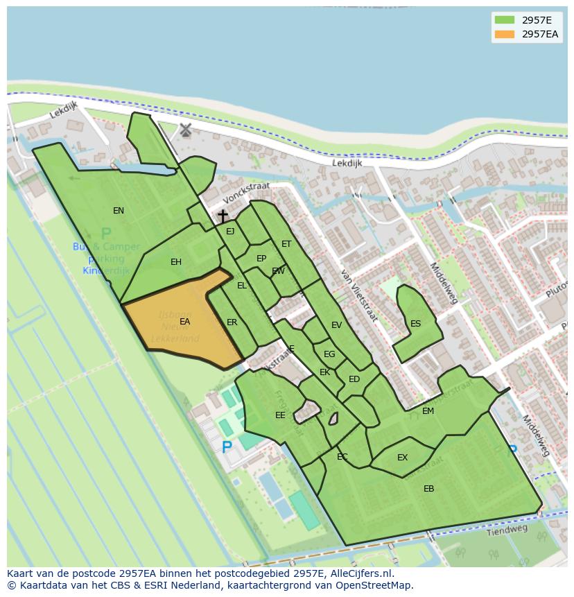 Afbeelding van het postcodegebied 2957 EA op de kaart.
