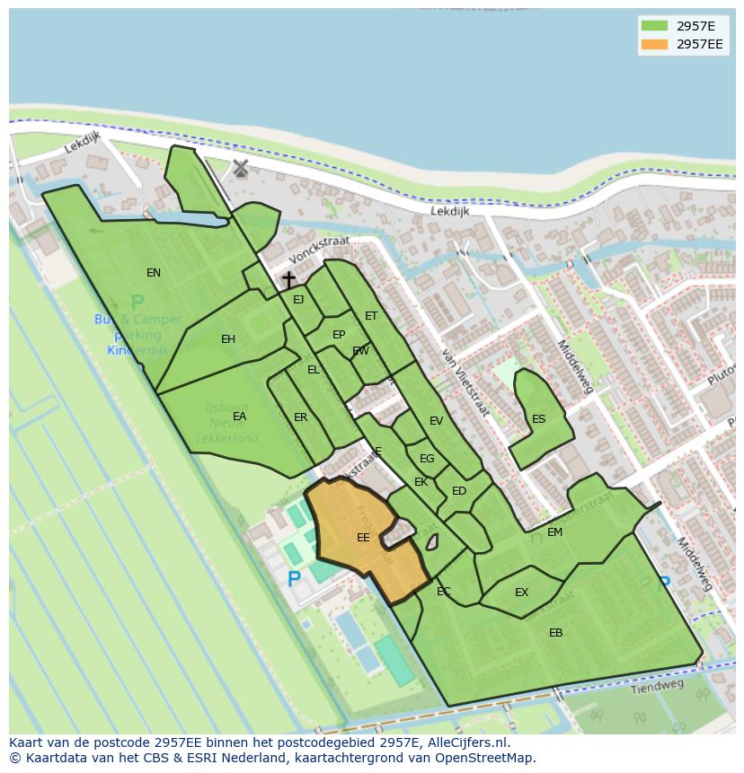 Afbeelding van het postcodegebied 2957 EE op de kaart.