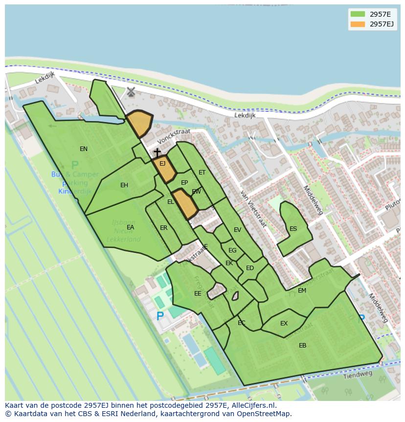 Afbeelding van het postcodegebied 2957 EJ op de kaart.