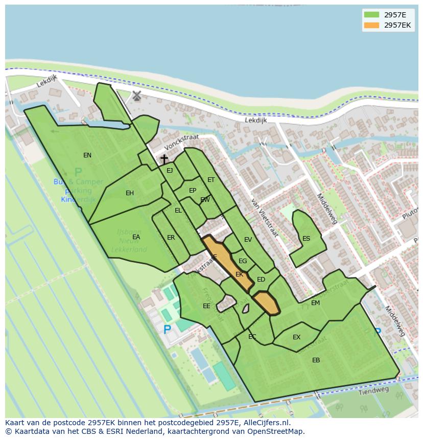 Afbeelding van het postcodegebied 2957 EK op de kaart.