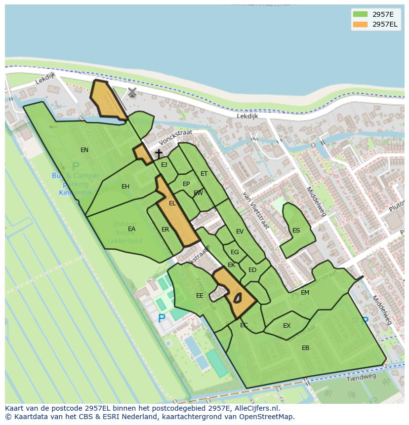 Afbeelding van het postcodegebied 2957 EL op de kaart.