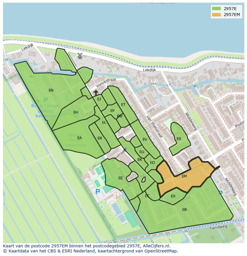 Afbeelding van het postcodegebied 2957 EM op de kaart.