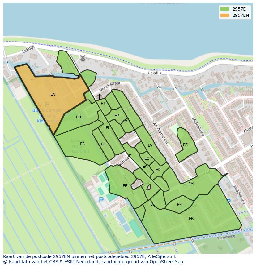 Afbeelding van het postcodegebied 2957 EN op de kaart.