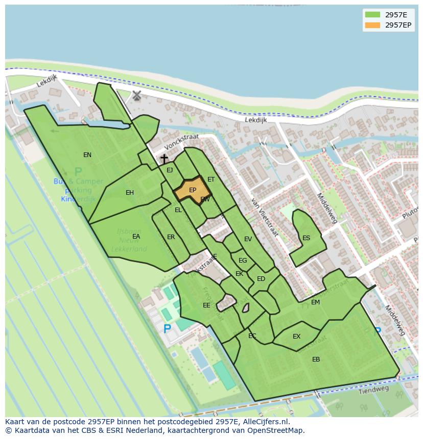 Afbeelding van het postcodegebied 2957 EP op de kaart.