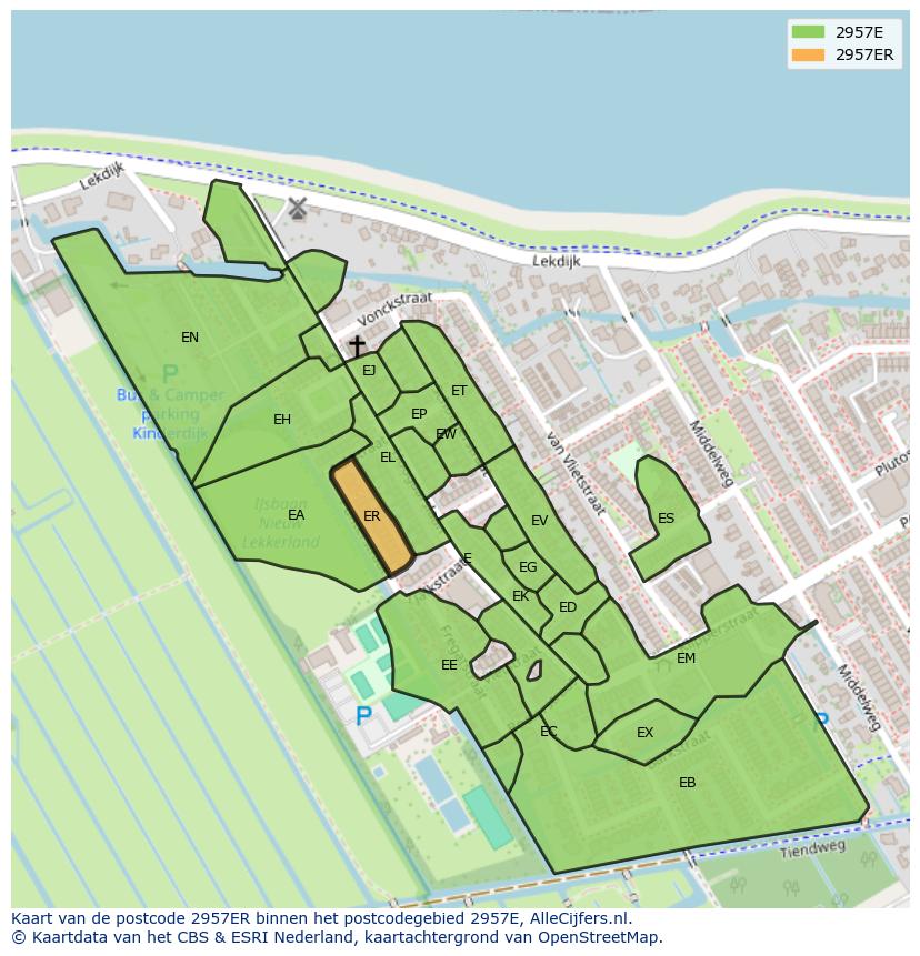 Afbeelding van het postcodegebied 2957 ER op de kaart.
