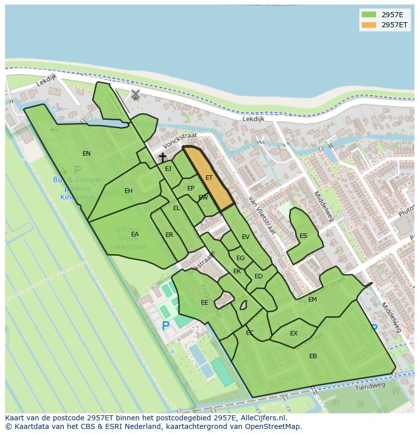 Afbeelding van het postcodegebied 2957 ET op de kaart.