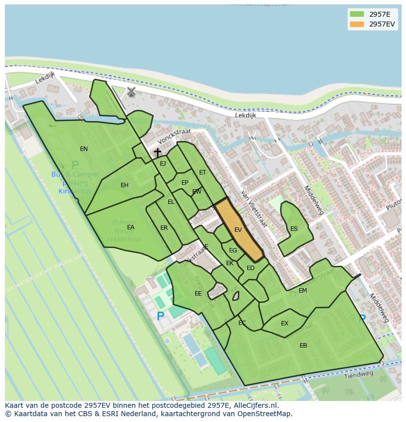 Afbeelding van het postcodegebied 2957 EV op de kaart.