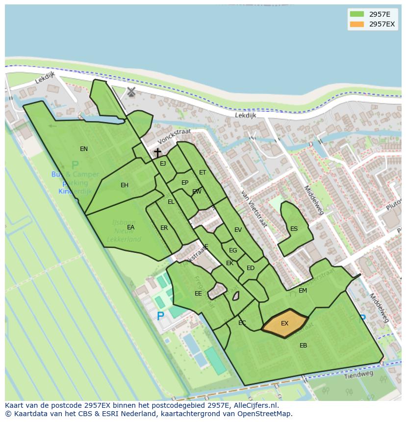 Afbeelding van het postcodegebied 2957 EX op de kaart.