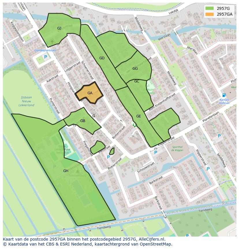 Afbeelding van het postcodegebied 2957 GA op de kaart.